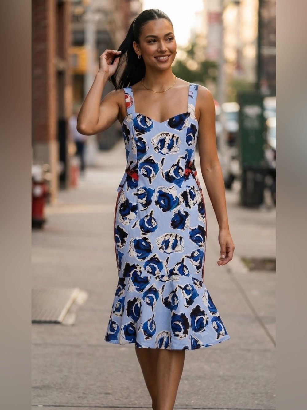 Sachin + Babi Light Blue Floral Midi Dress with Navy and Red Accents